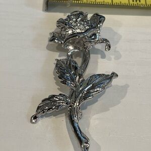 Rose Brooch Pin Silver Tone Flower Shiny